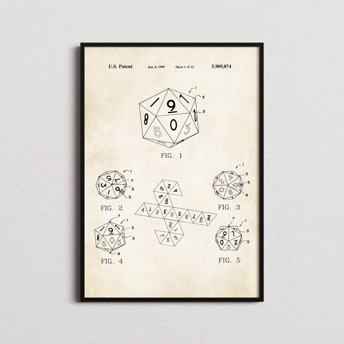 20 Sided Dice Patent Print in the aged paper colourway, framed