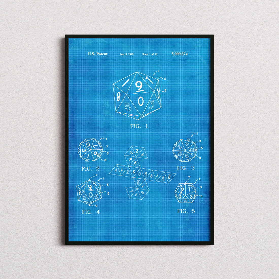20 Sided Dice Patent Print in the blueprint colourway, framed