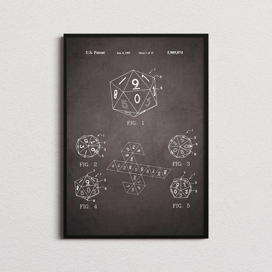 20 Sided Dice Patent Print in the blackboard colourway, framed
