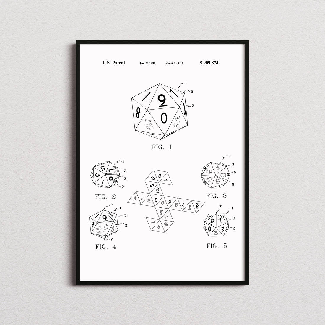20 Sided Dice Patent Print in the white colourway, framed