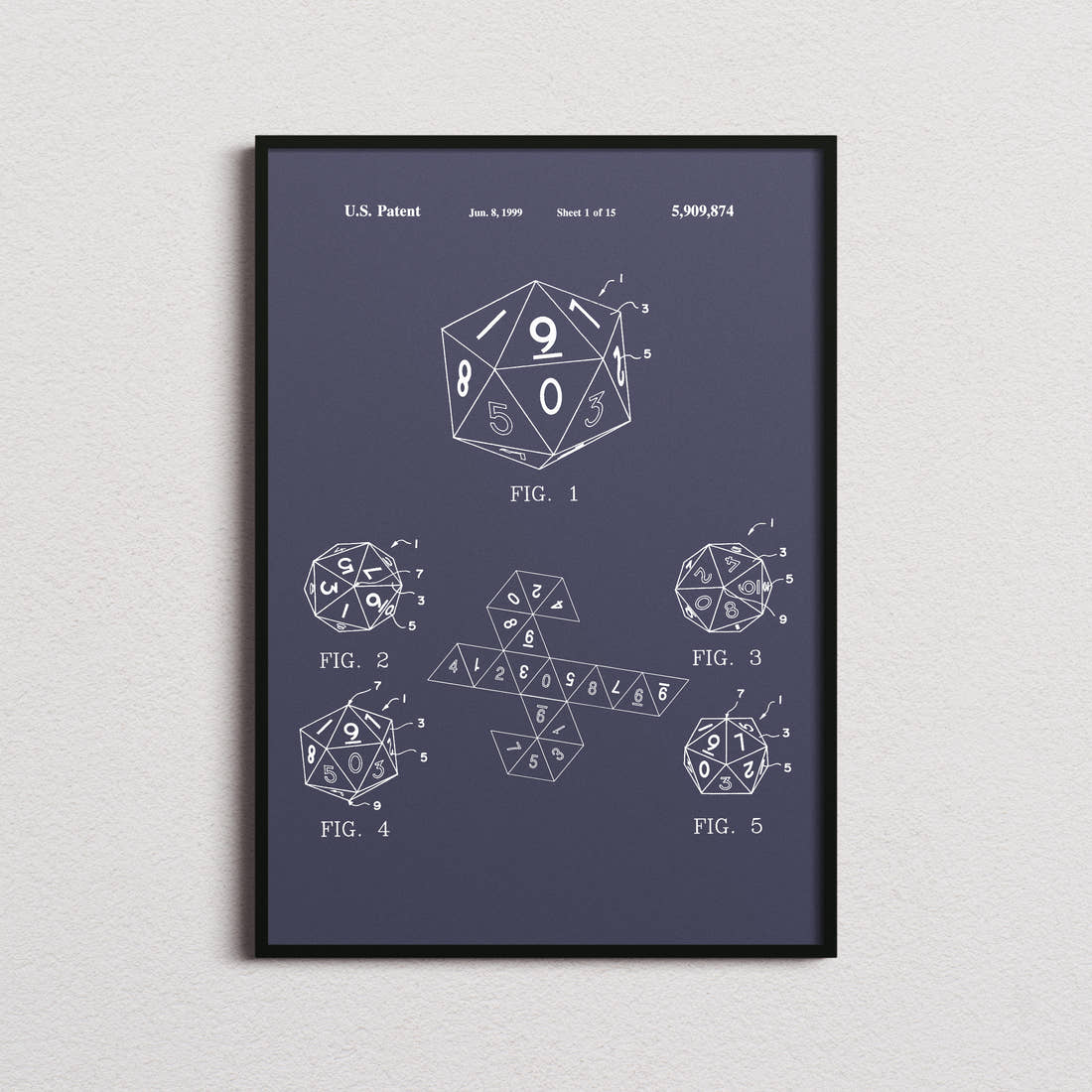 20 Sided Dice Patent Print in the navy colourway, framed