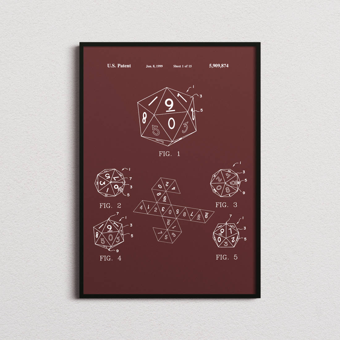 20 Sided Dice Patent Print in the burgundy colourway, framed