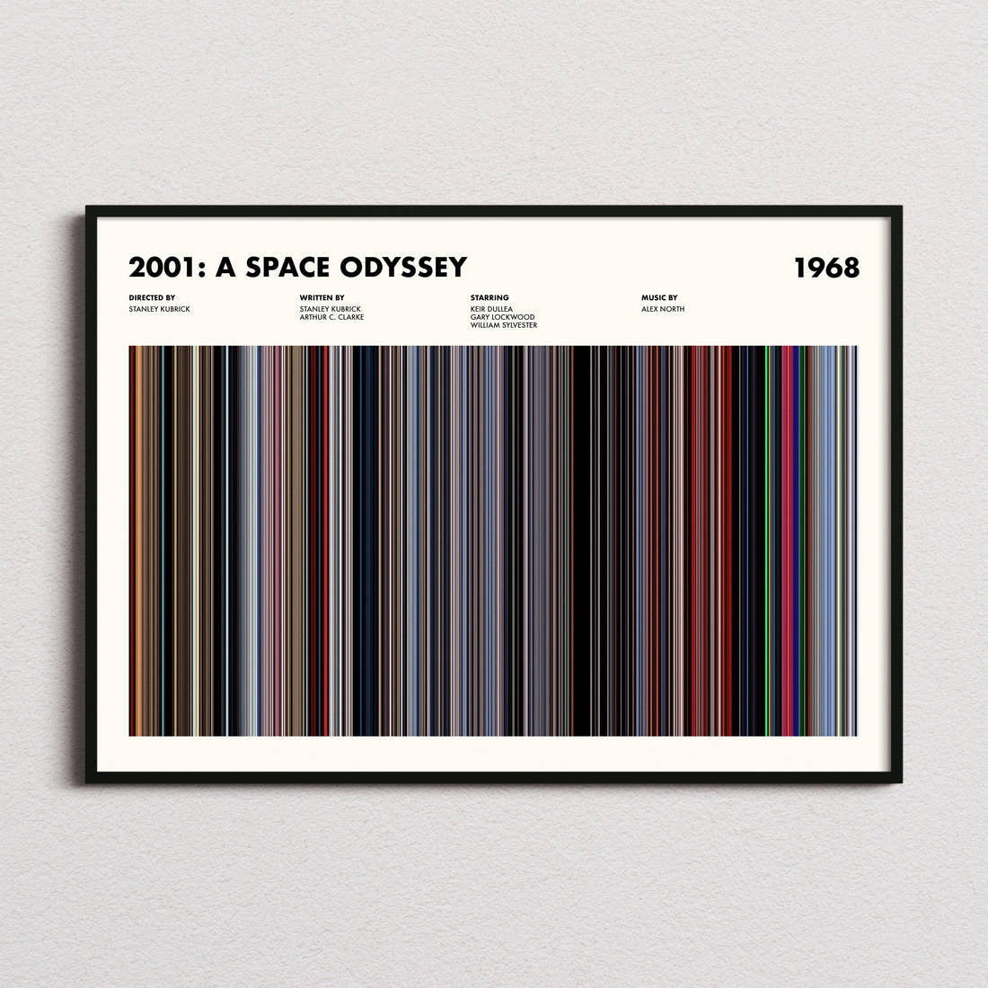 2001: A Space Odyssey Movie Barcode Poster framed and photographed straight on