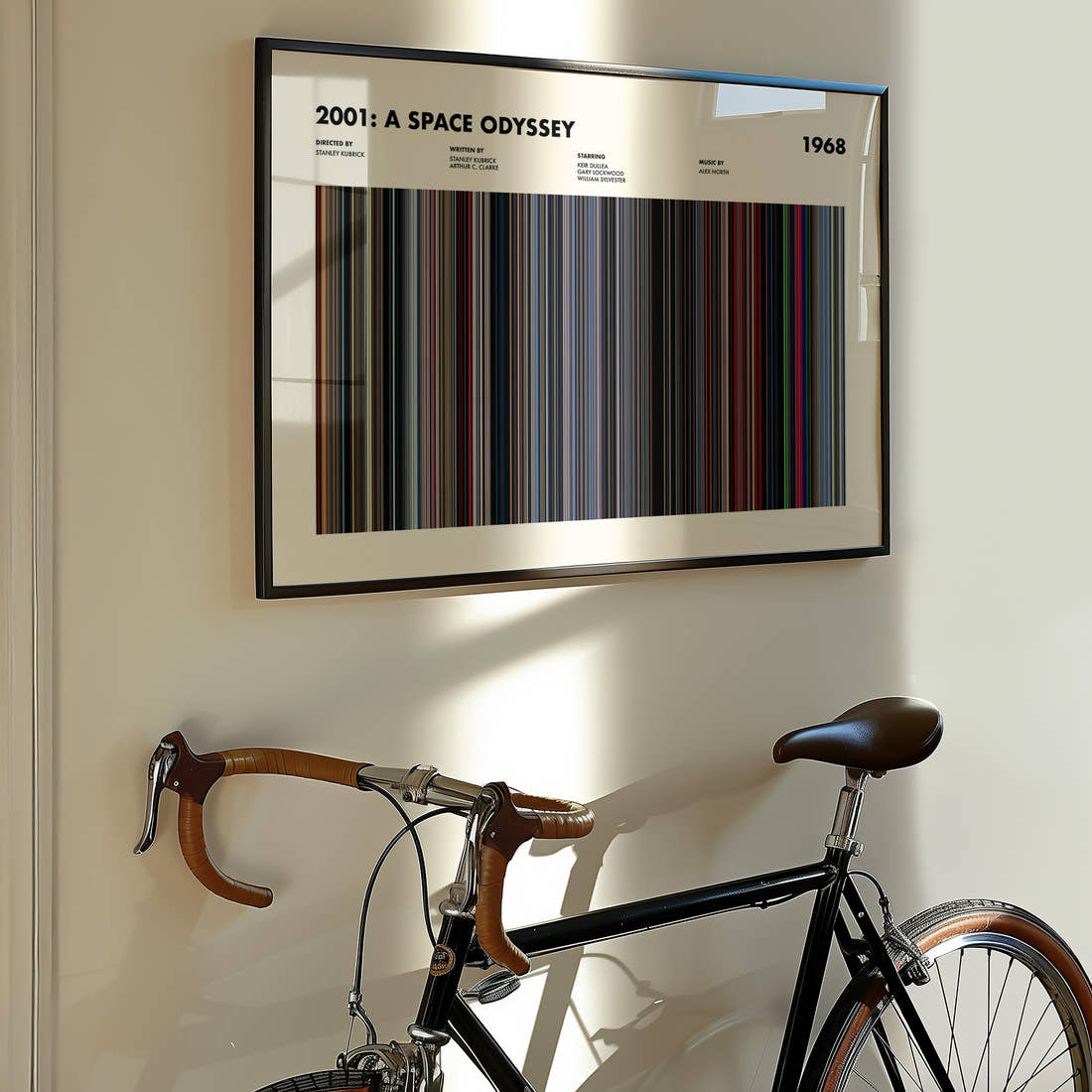 2001: A Space Odyssey Movie Barcode Poster framed on the wall of a styled room setting