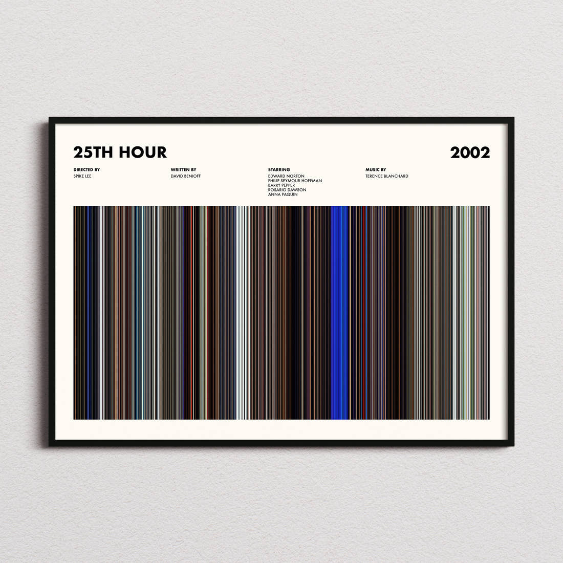 25th Hour Movie Barcode Poster framed and photographed straight on