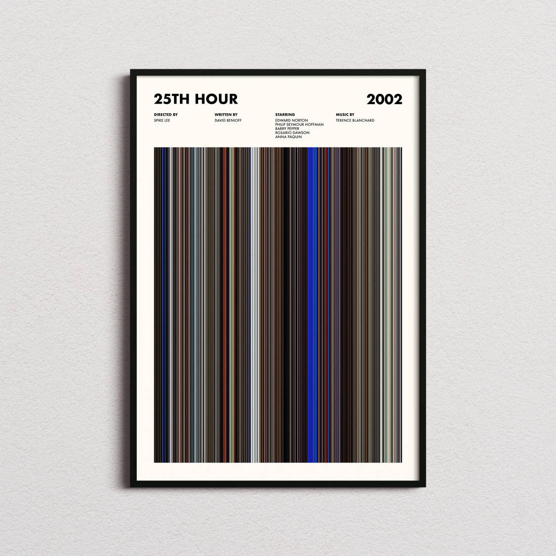 25th Hour Movie Barcode Poster framed on a plain studio wall