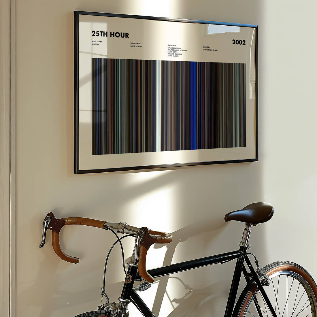 25th Hour Movie Barcode Poster framed on the wall of a styled room setting