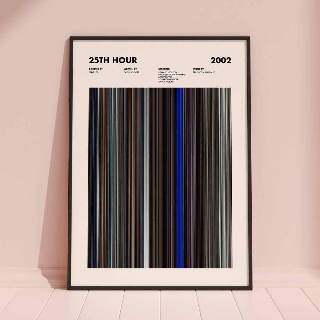 25th Hour Movie Barcode Poster framed and leaning against a coloured wall