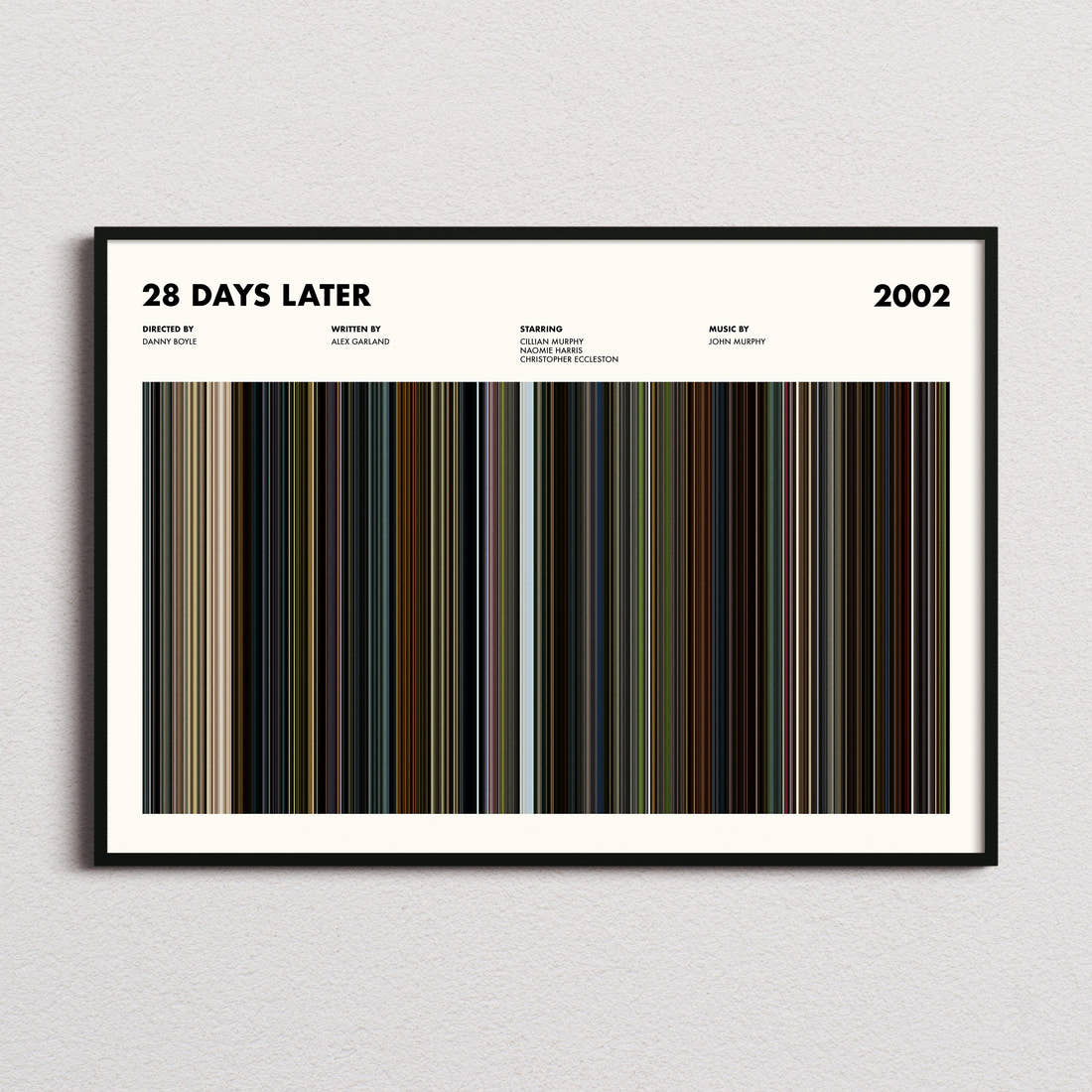 28 Days Later Movie Barcode Poster framed and photographed straight on