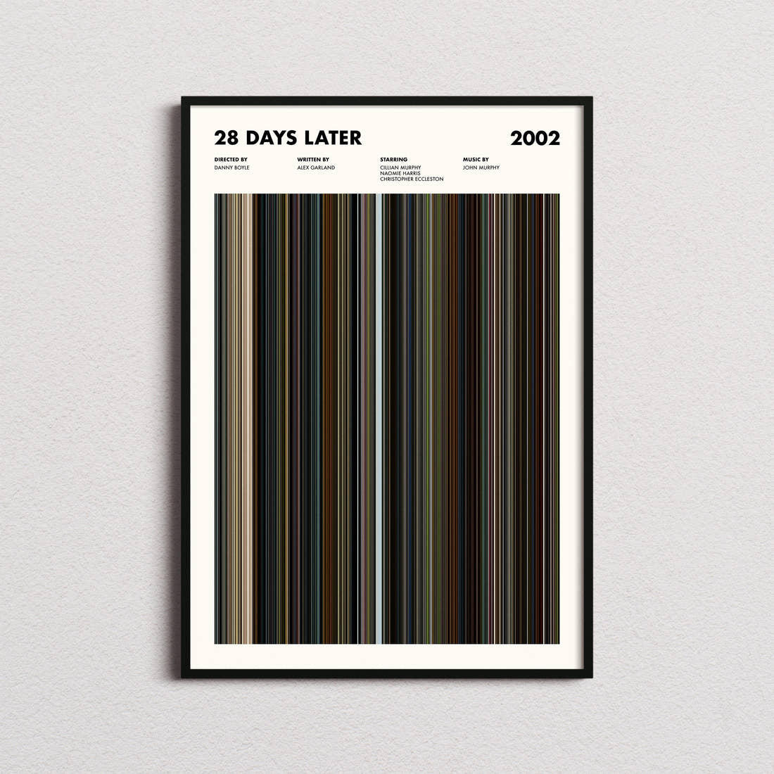 28 Days Later Movie Barcode Poster framed on a plain studio wall