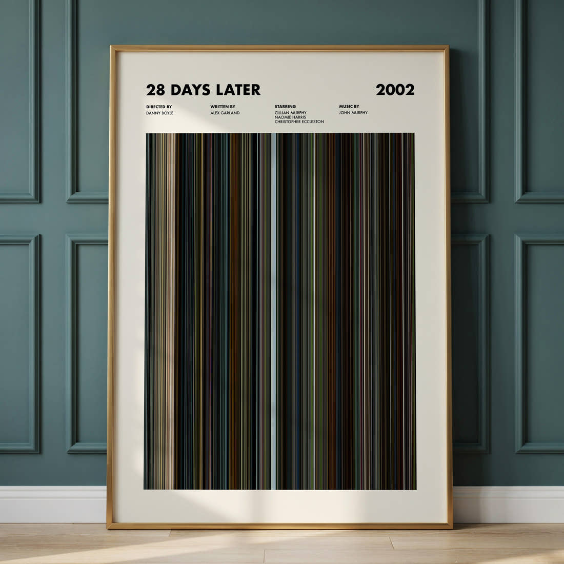 28 Days Later Movie Barcode Poster framed and leaning against a panelled wall