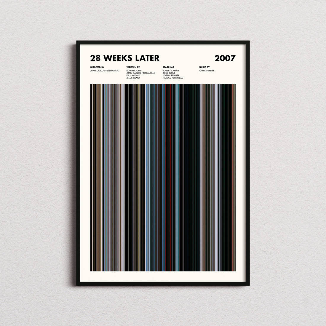 28 Weeks Later Movie Barcode Poster framed on a plain studio wall