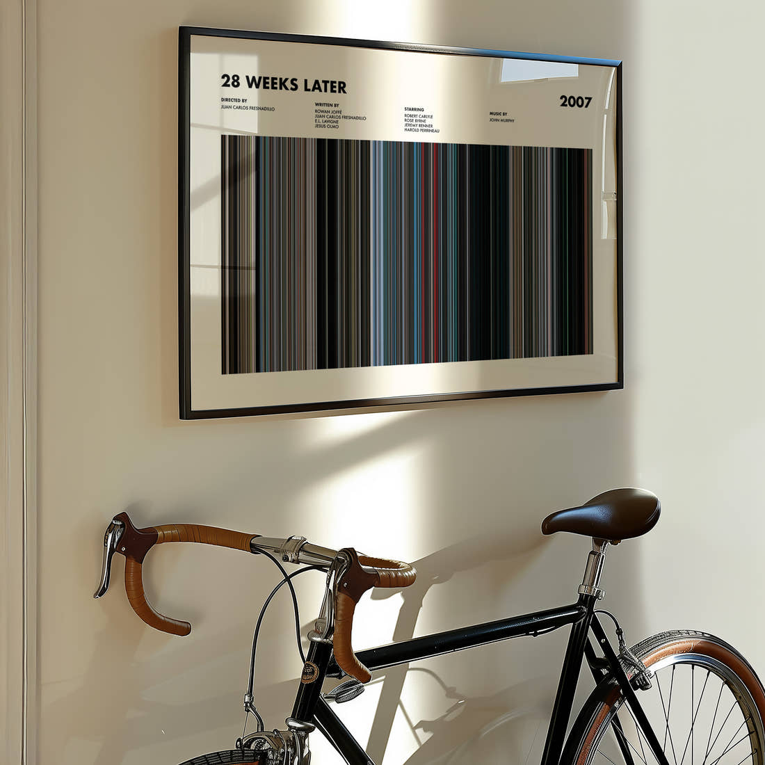 28 Weeks Later Movie Barcode Poster framed on the wall of a styled room setting