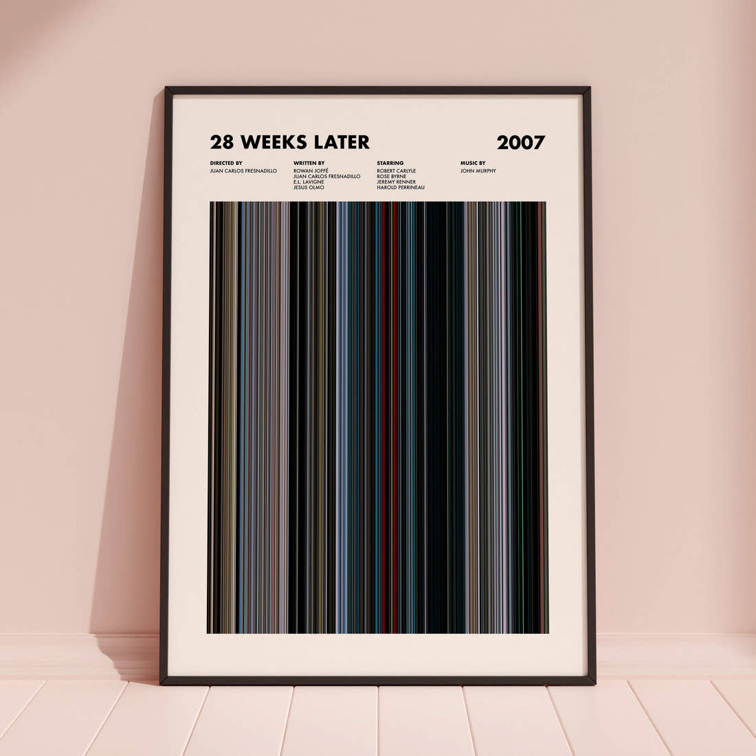 28 Weeks Later Movie Barcode Poster framed and leaning against a coloured wall
