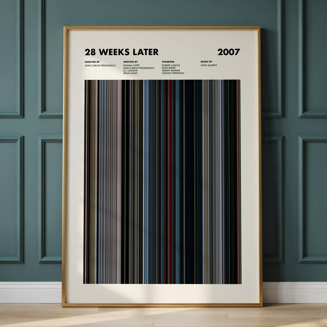 28 Weeks Later Movie Barcode Poster framed and leaning against a panelled wall