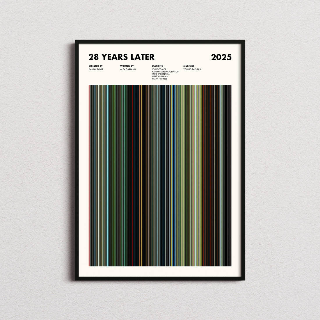 28 Years Later Movie Barcode Poster framed on a plain studio wall