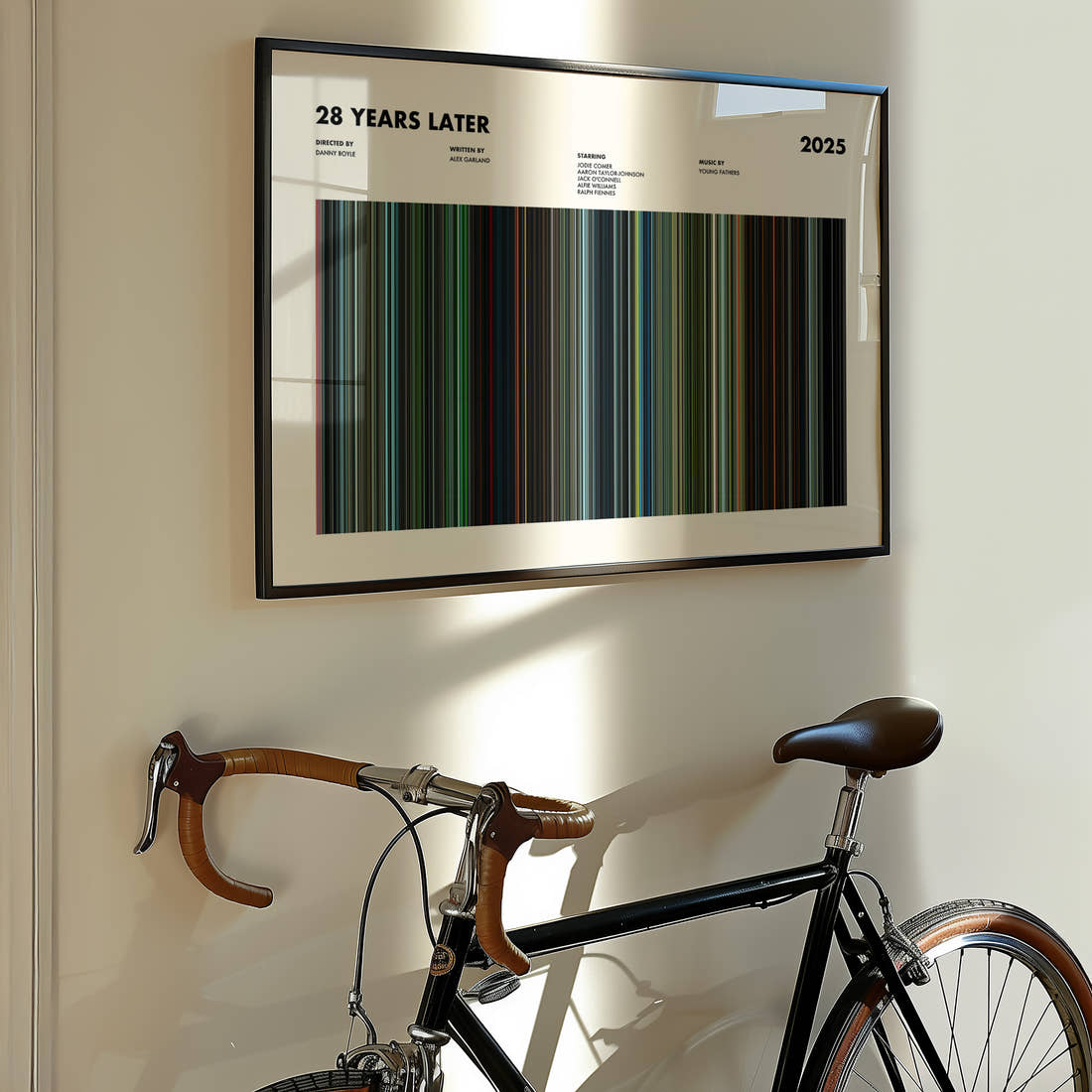 28 Years Later Movie Barcode Poster framed on the wall of a styled room setting