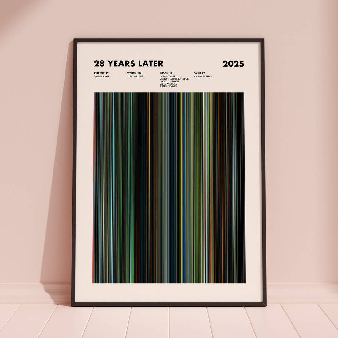 28 Years Later Movie Barcode Poster framed and leaning against a coloured wall