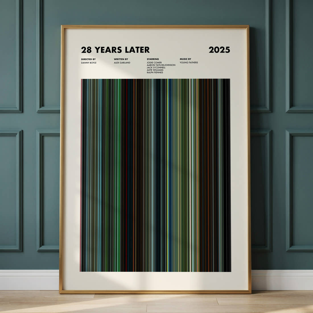 28 Years Later Movie Barcode Poster framed and leaning against a panelled wall