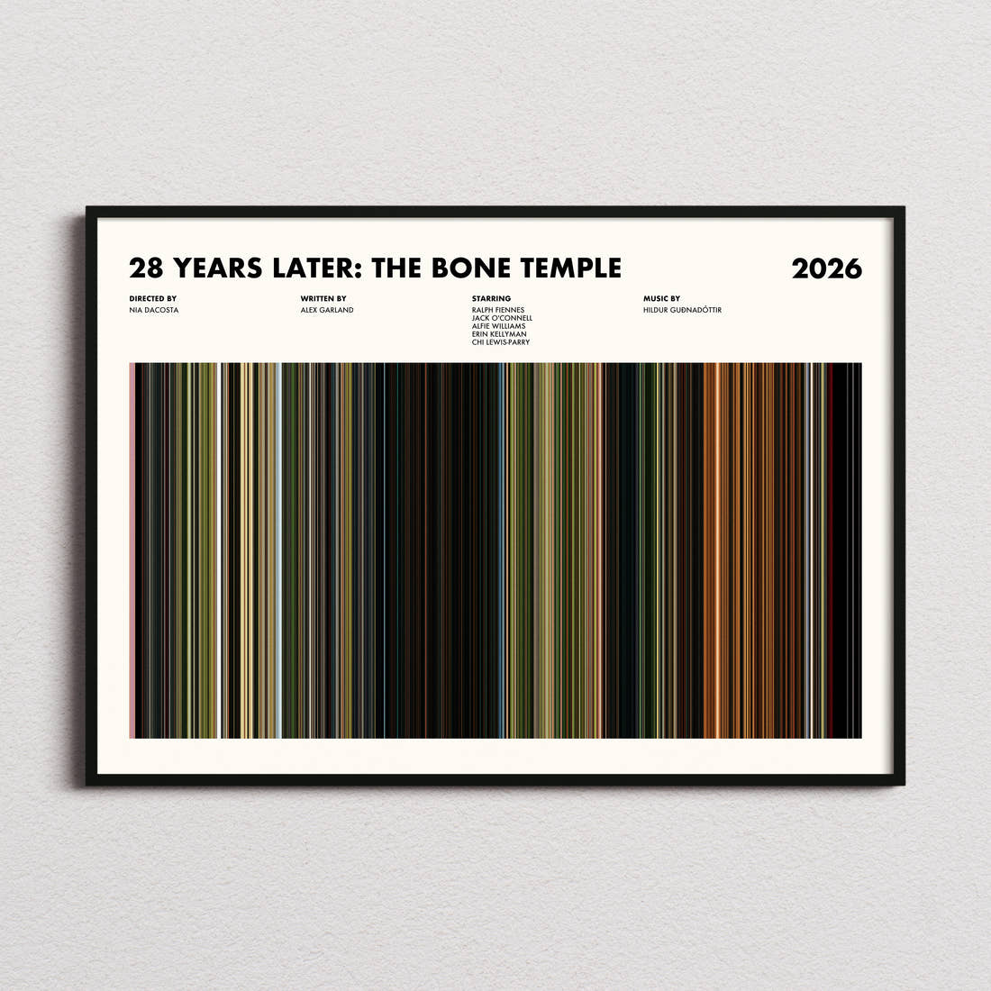 28 Years Later: The Bone Temple Movie Barcode Poster framed and photographed straight on