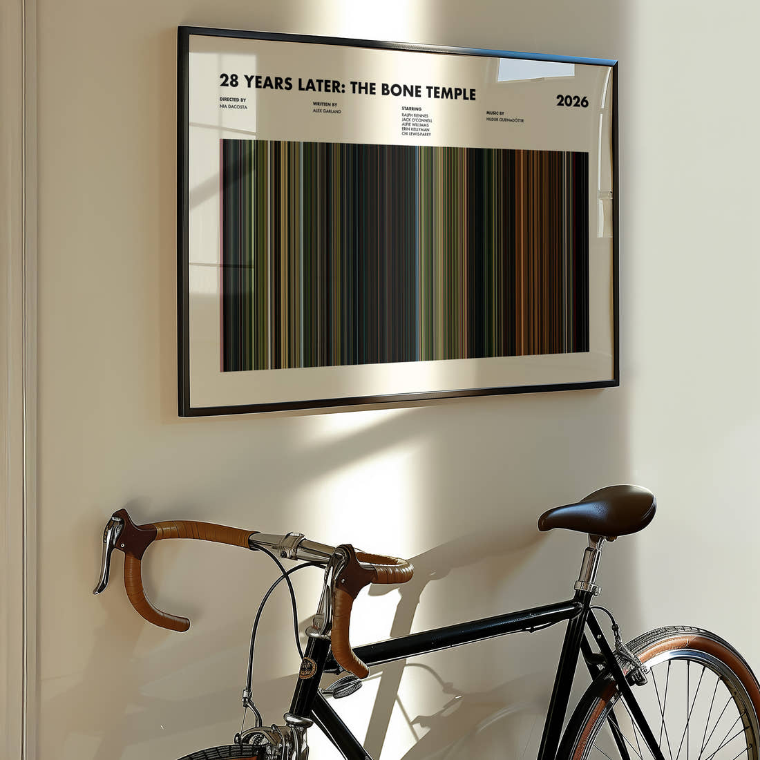 28 Years Later: The Bone Temple Movie Barcode Poster framed on the wall of a styled room setting