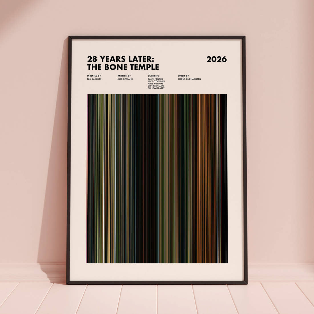 28 Years Later: The Bone Temple Movie Barcode Poster framed and leaning against a coloured wall