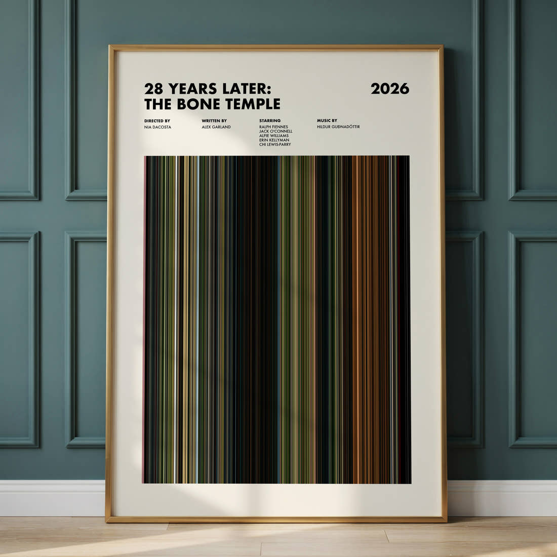 28 Years Later: The Bone Temple Movie Barcode Poster framed and leaning against a panelled wall