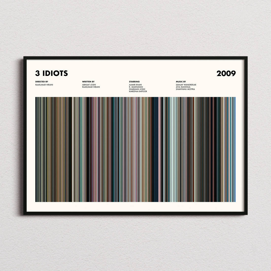 3 Idiots Movie Barcode Poster framed and photographed straight on