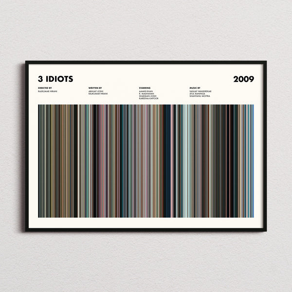 3 Idiots Movie Barcode Poster framed and photographed straight on
