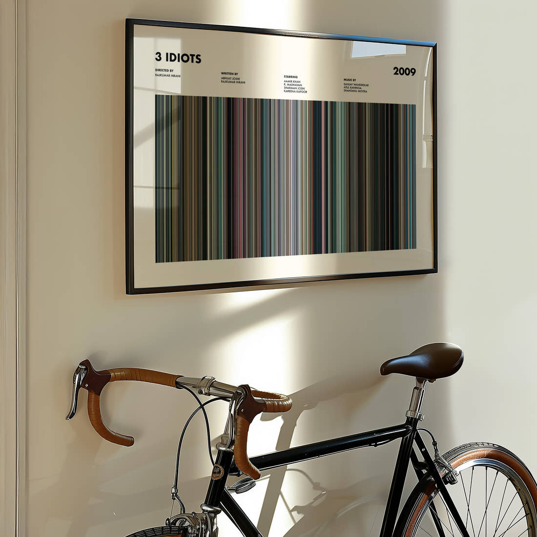 3 Idiots Movie Barcode Poster framed on the wall of a styled room setting