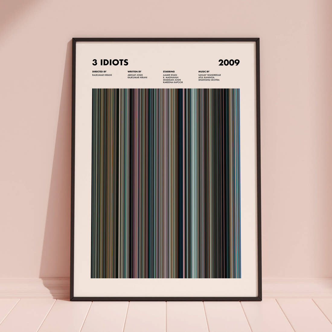 3 Idiots Movie Barcode Poster framed and leaning against a coloured wall
