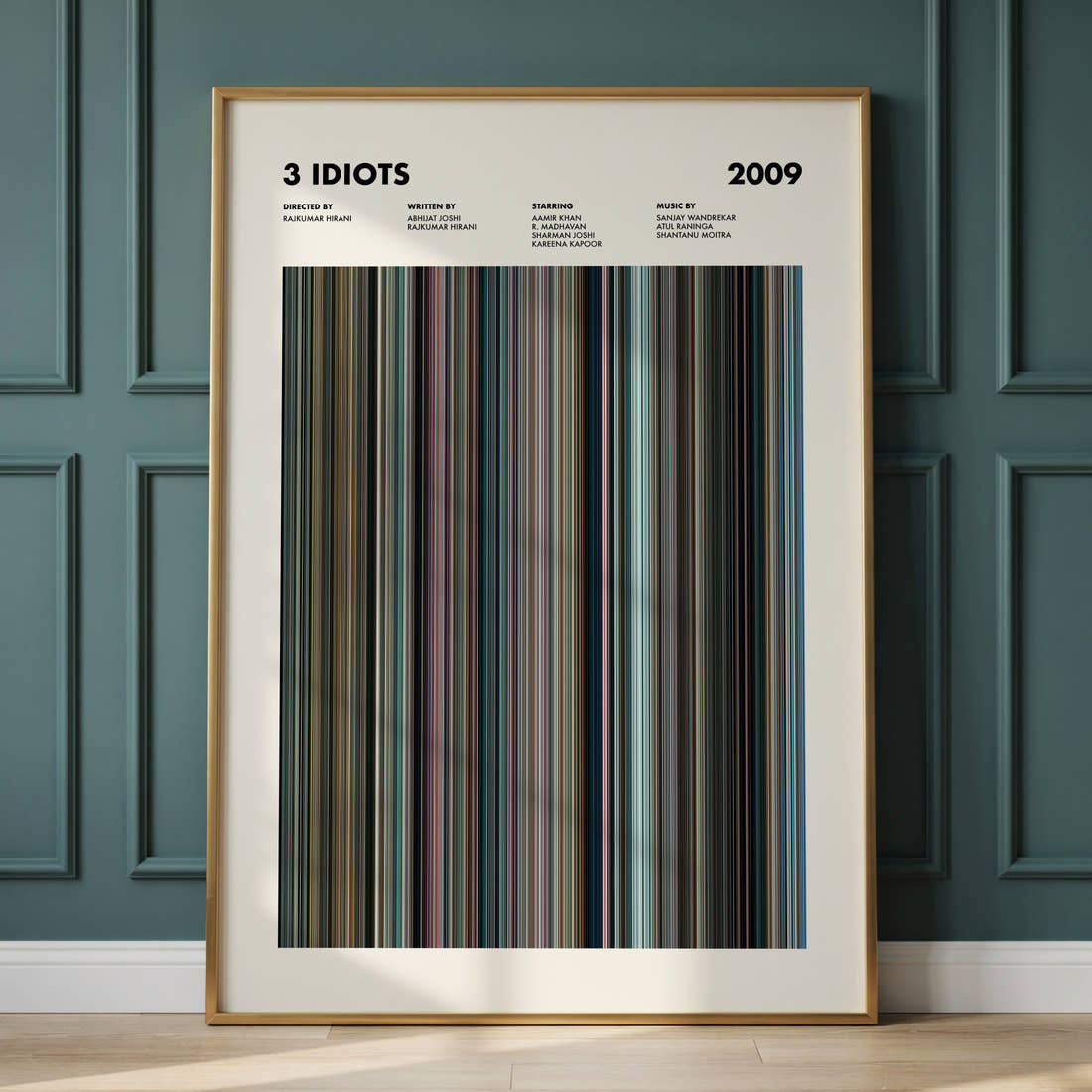 3 Idiots Movie Barcode Poster framed and leaning against a panelled wall