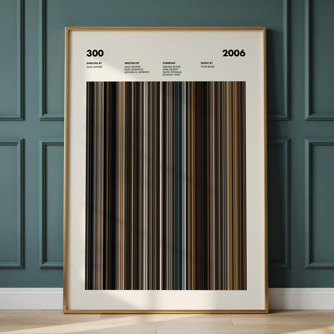 300 Movie Barcode Poster framed and leaning against a panelled wall