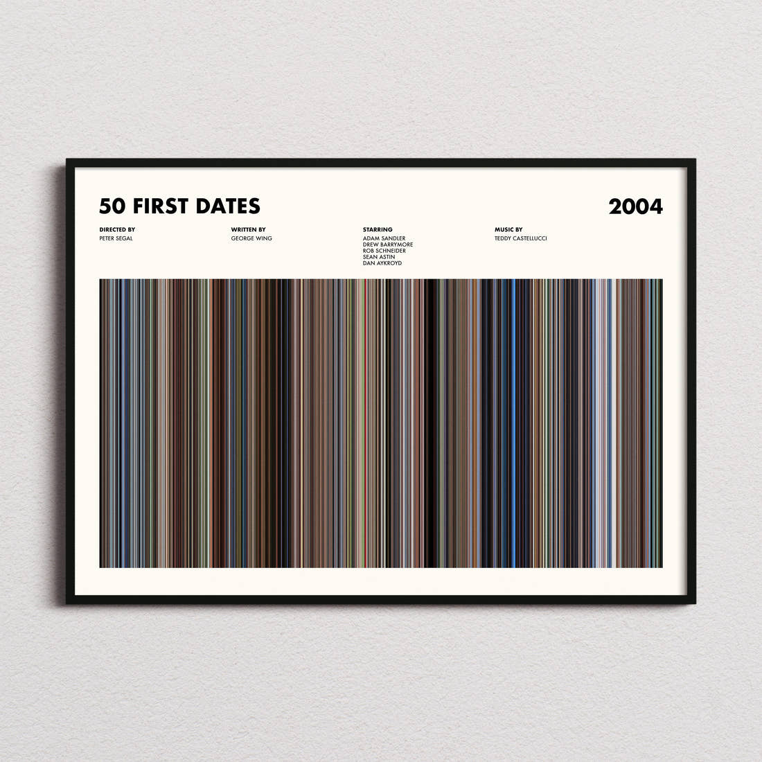 50 First Dates Movie Barcode Poster framed and photographed straight on