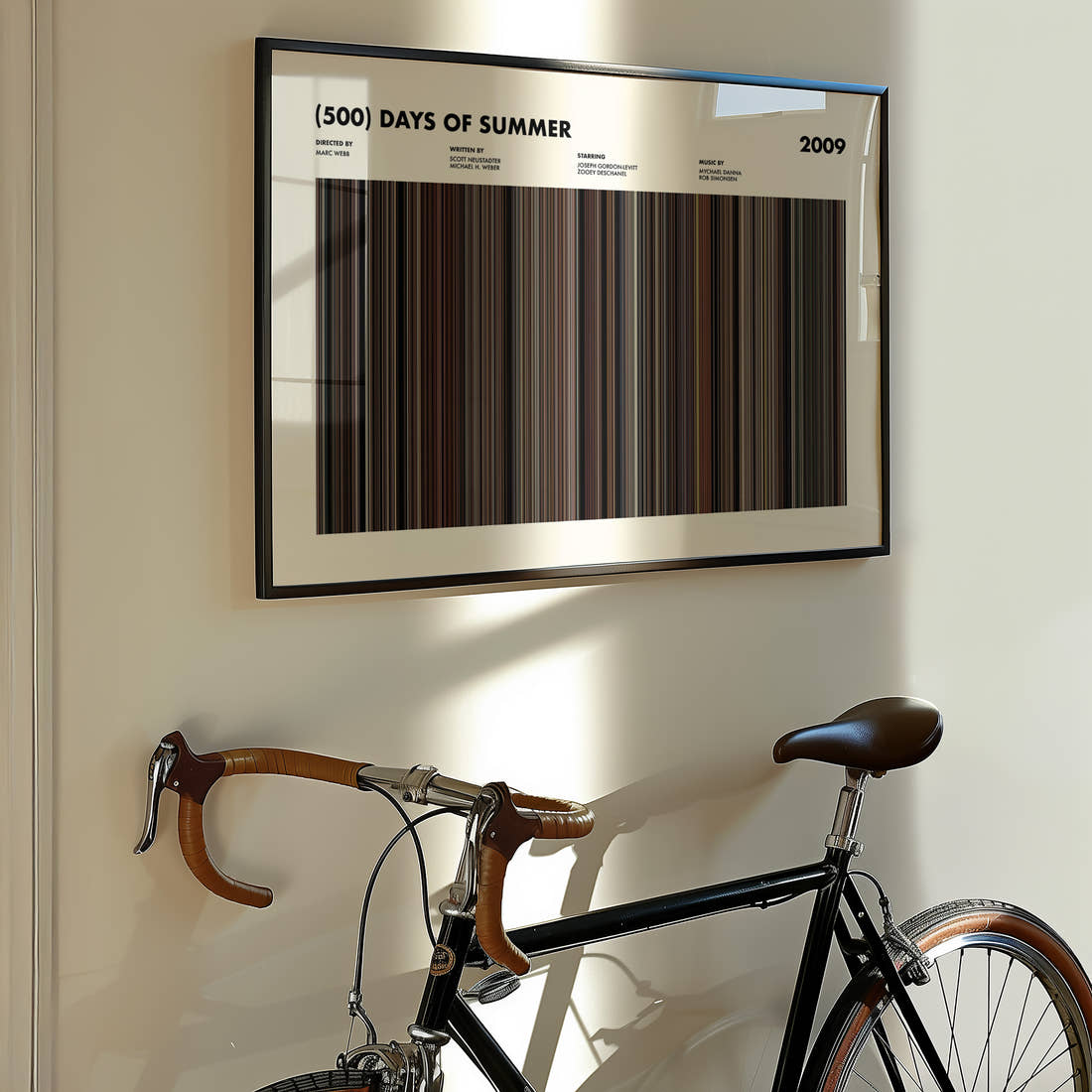 (500) Days of Summer Movie Barcode Poster framed on the wall of a styled room setting