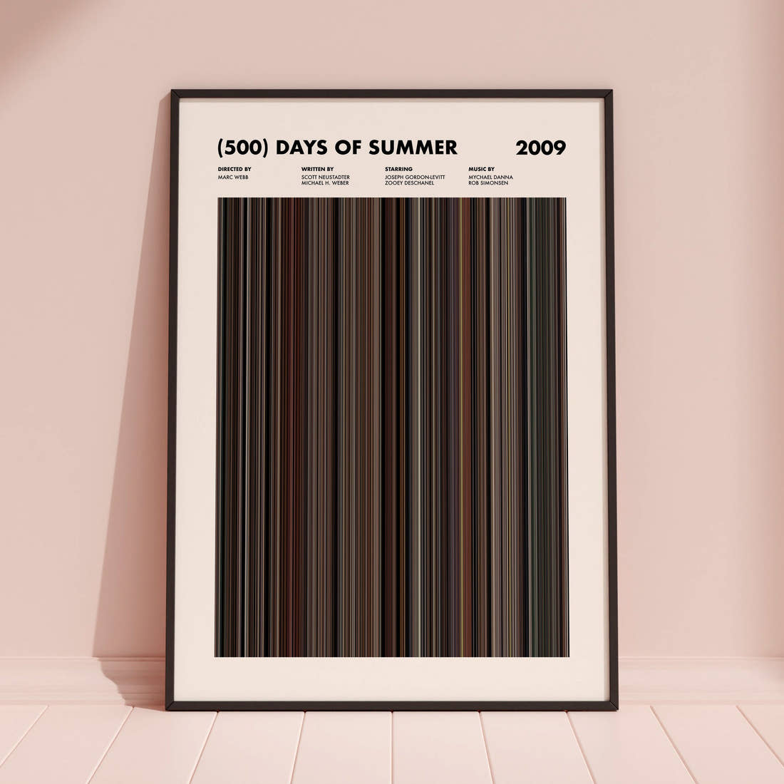(500) Days of Summer Movie Barcode Poster framed and leaning against a coloured wall