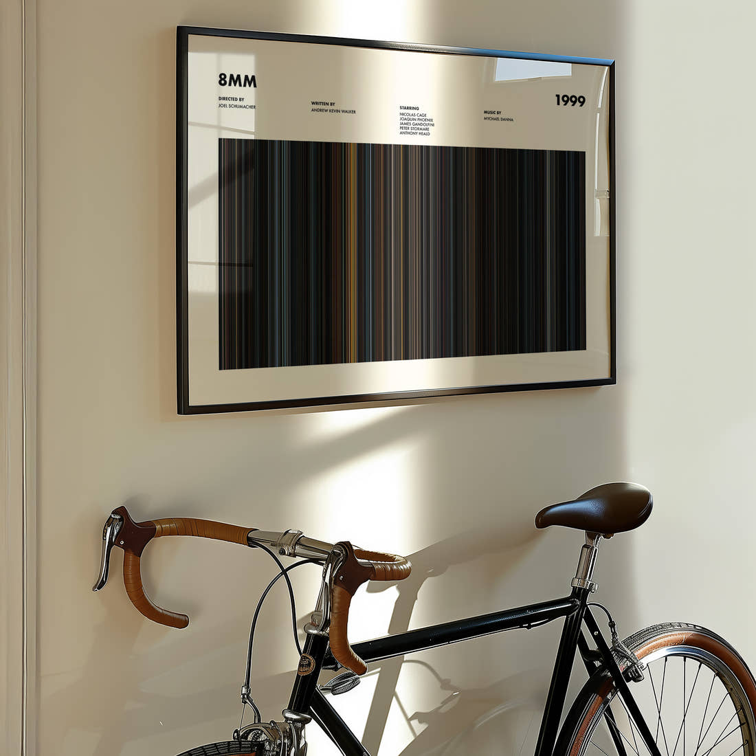 8mm Movie Barcode Poster framed on the wall of a styled room setting