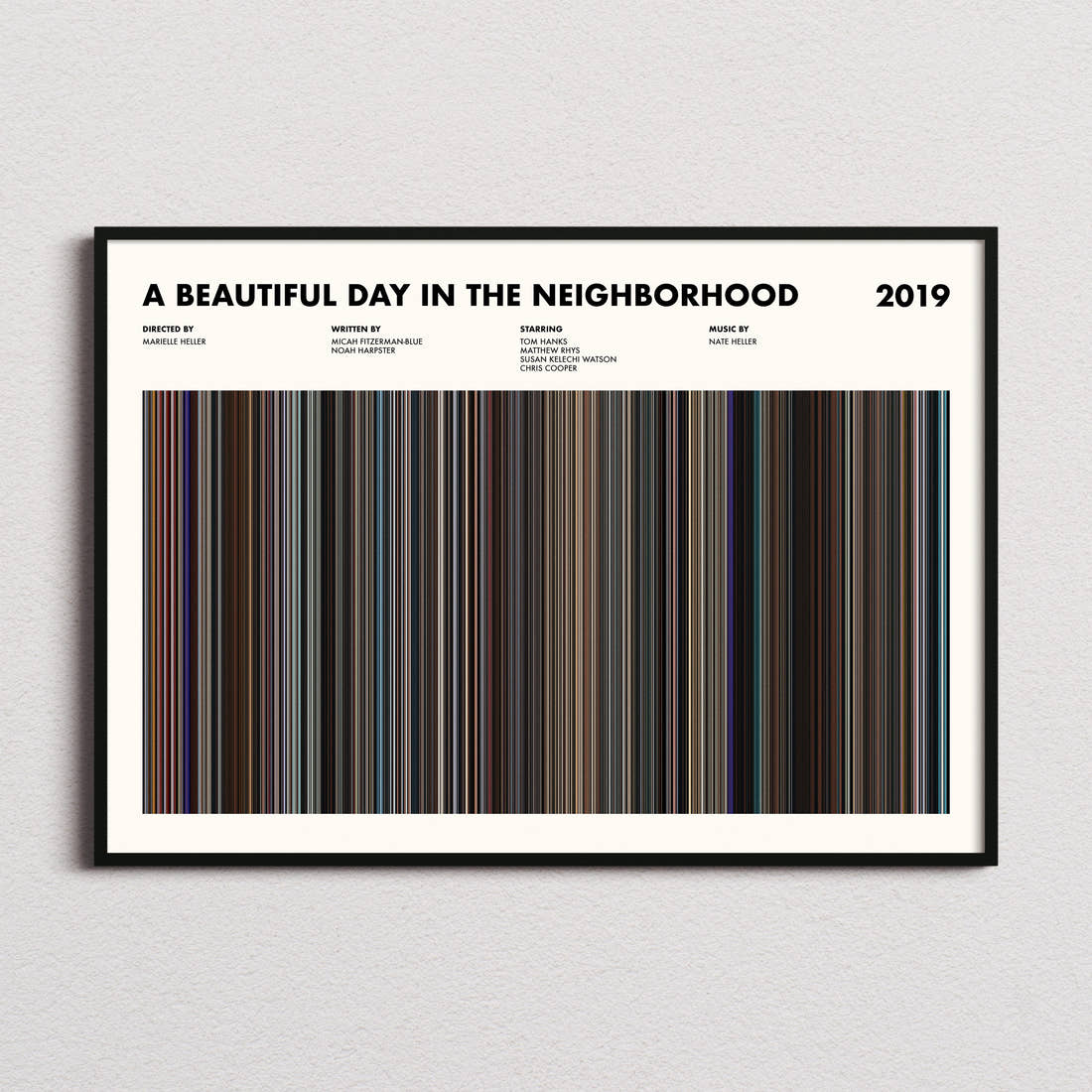A Beautiful Day in the Neighborhood Movie Barcode Poster framed and photographed straight on
