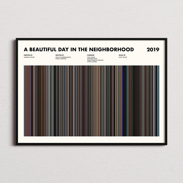 A Beautiful Day in the Neighborhood Movie Barcode Poster framed and photographed straight on