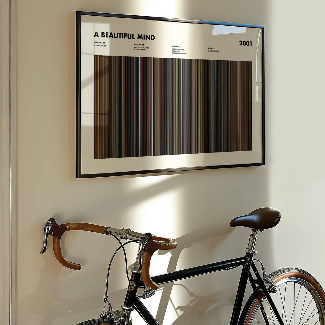 A Beautiful Mind Movie Barcode Poster framed on the wall of a styled room setting