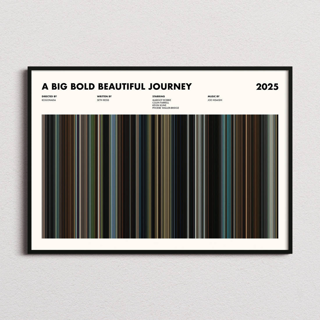 A Big Bold Beautiful Journey Movie Barcode Poster framed and photographed straight on