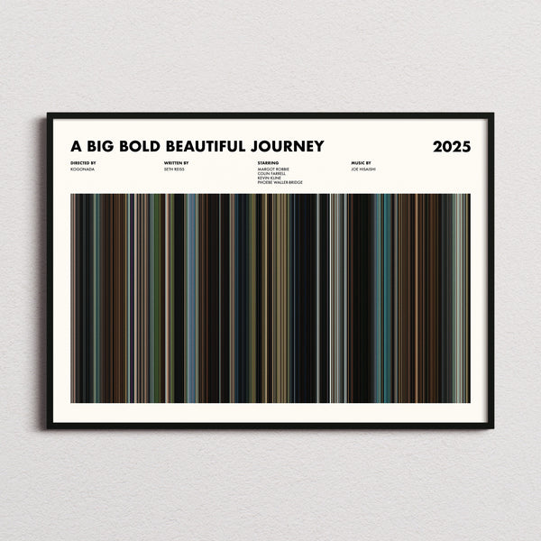 A Big Bold Beautiful Journey Movie Barcode Poster framed and photographed straight on