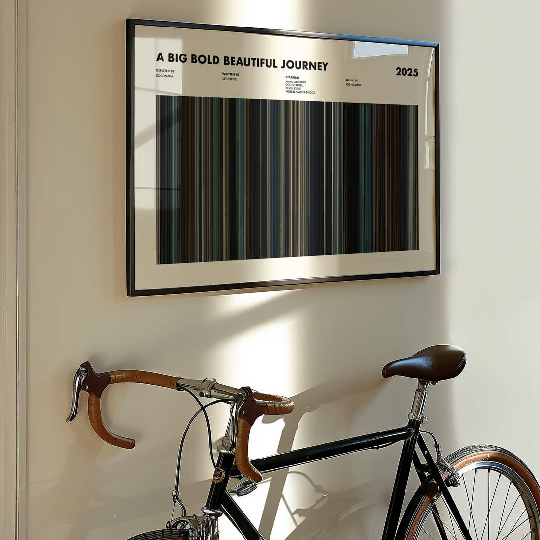 A Big Bold Beautiful Journey Movie Barcode Poster framed on the wall of a styled room setting