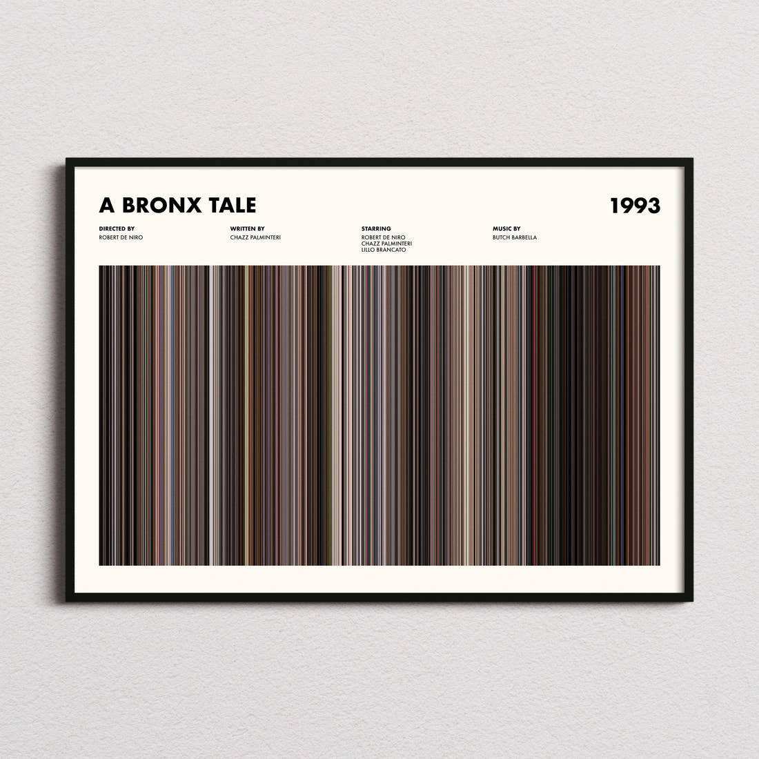 A Bronx Tale Movie Barcode Poster framed and photographed straight on