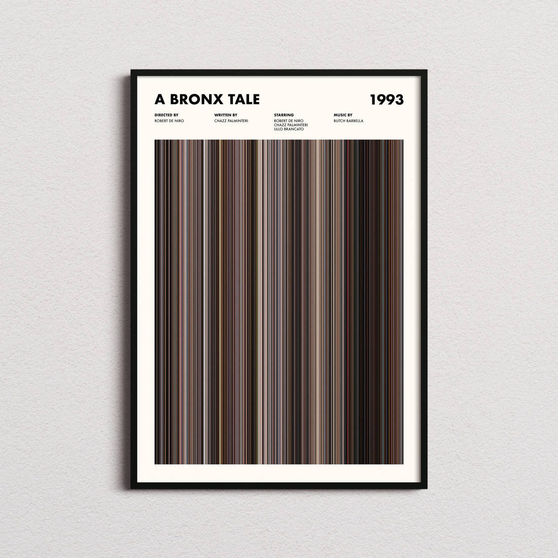 A Bronx Tale Movie Barcode Poster framed on a plain studio wall