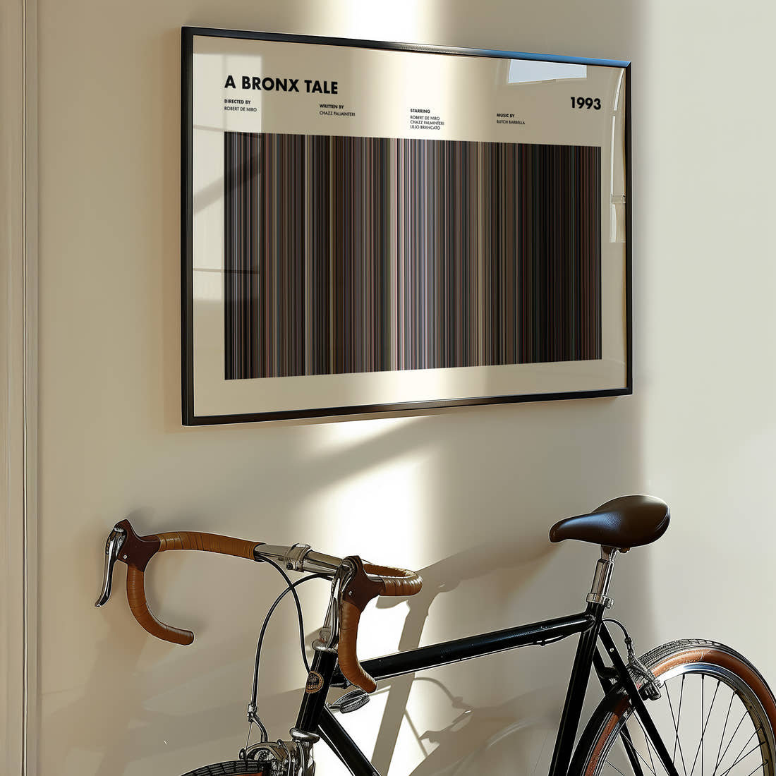 A Bronx Tale Movie Barcode Poster framed on the wall of a styled room setting