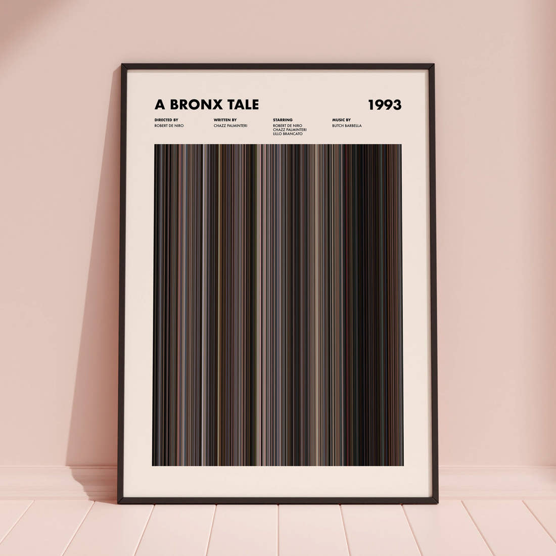 A Bronx Tale Movie Barcode Poster framed and leaning against a coloured wall