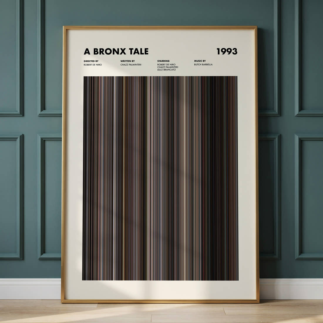 A Bronx Tale Movie Barcode Poster framed and leaning against a panelled wall