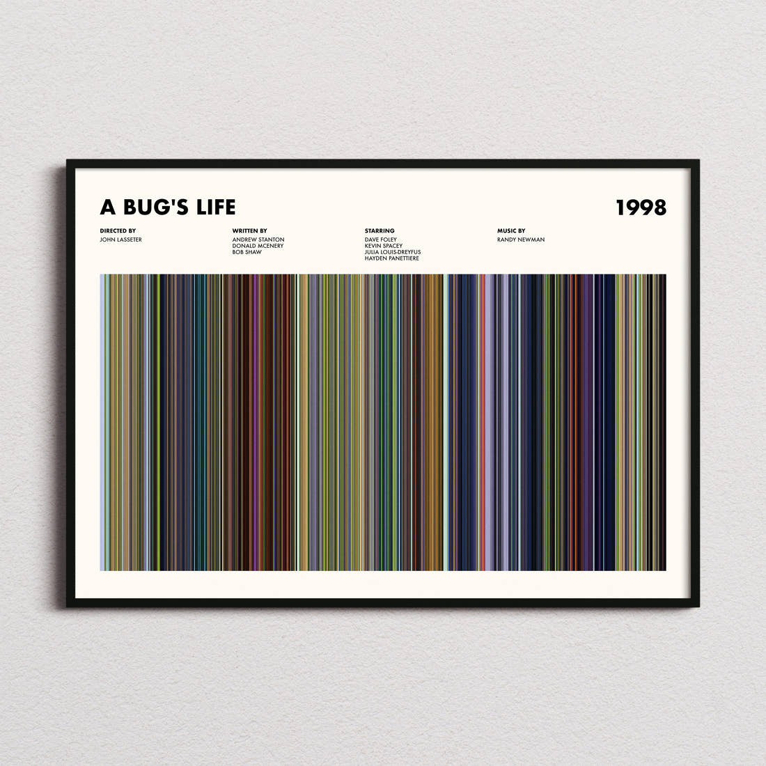 A Bug's Life Movie Barcode Poster framed and photographed straight on