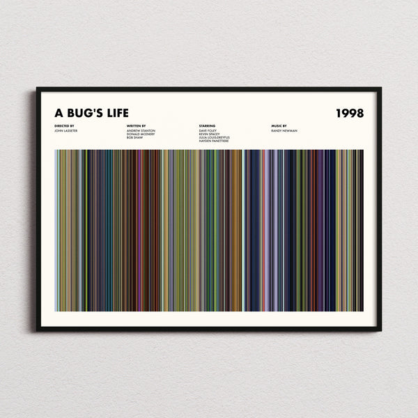 A Bug's Life Movie Barcode Poster framed and photographed straight on